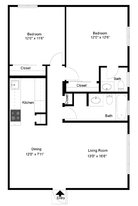 A floor plan of a house with two bedrooms, a living room, a dining room, a kitchen, and two bathrooms.